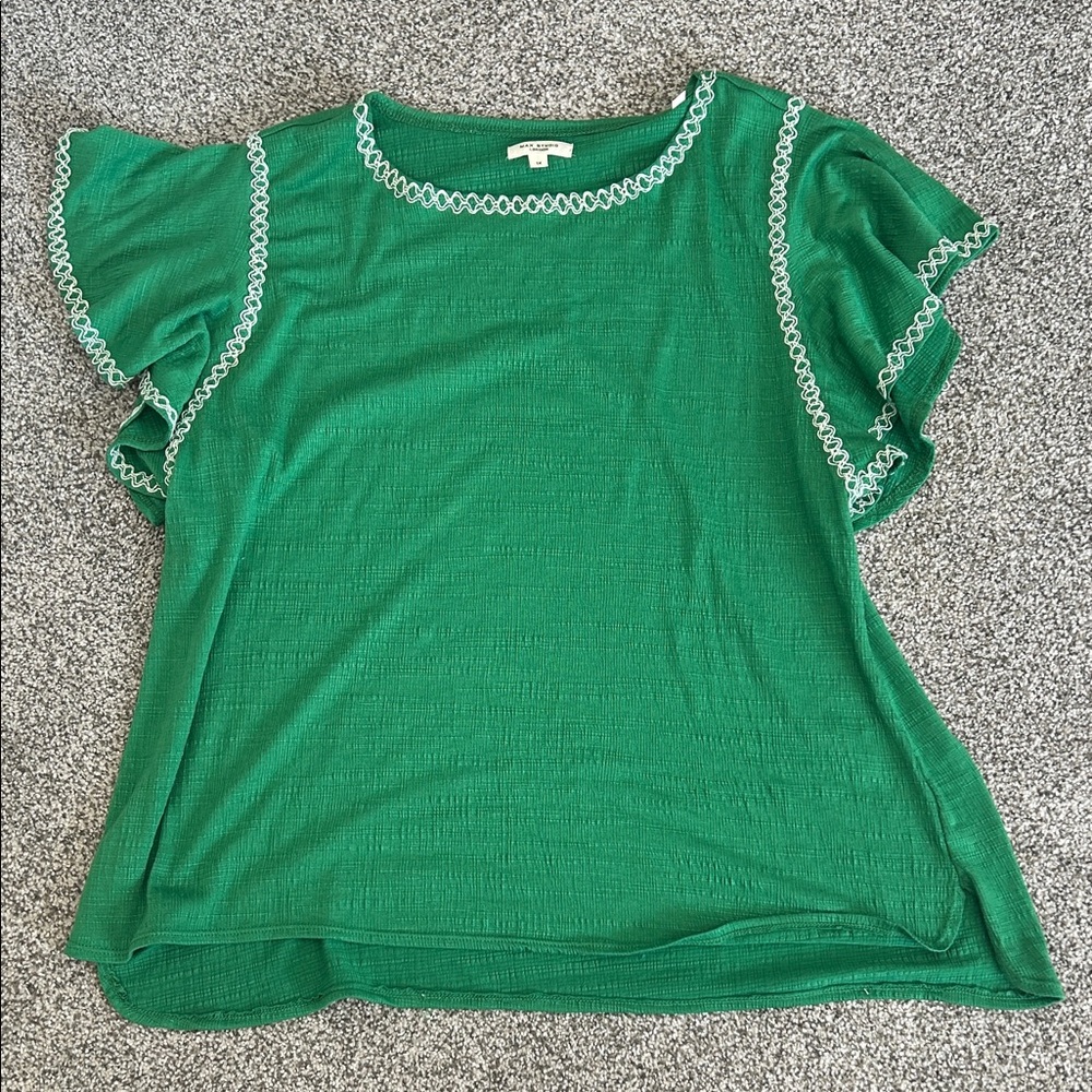 Max Studio Emerald Blouse with Ivory Trim